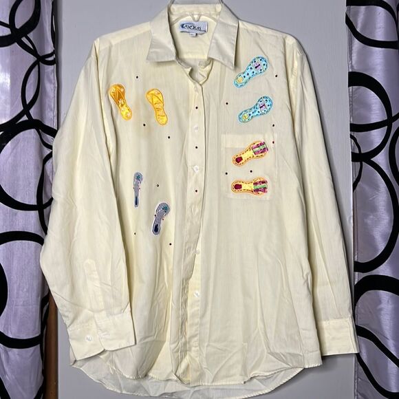 90s vintage Las Olas Sequin Embroidered flip-flop button-down long sleeve shirt - Picture 1 of 10